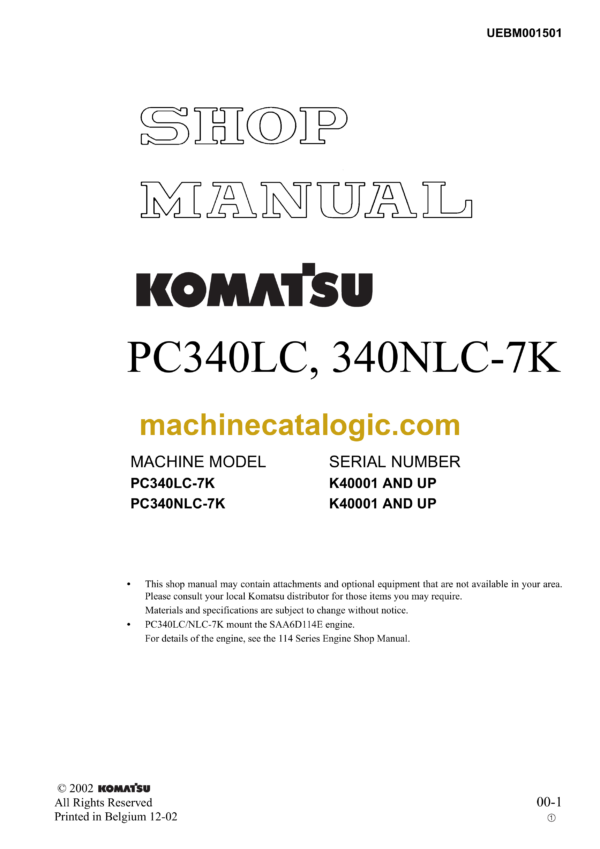 Komatsu PC340LC, PC340NLC-7K Hydraulic Excavator Shop Manual (UEBM001501)