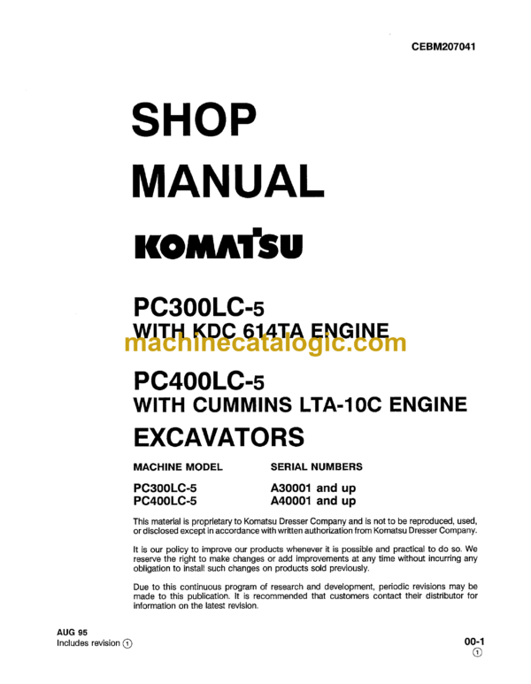 Komatsu PC300LC-5 PC400LC-5 Hydraulic Excavator Shop Manual (CEBM207041)