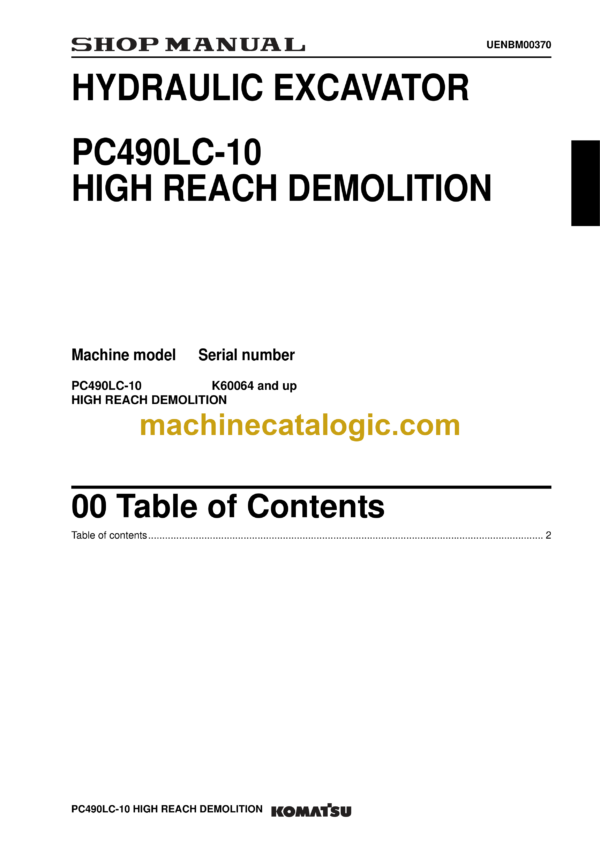 Komatsu PC490LC-10 High Reach Deamon Hydraulic Excavator Shop Manual (UENBM00370)