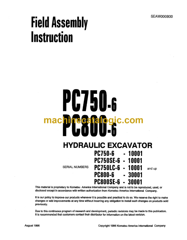 Komatsu PC750-6 PC800-6 Hydraulic Excavator Field Assembly Instruction (SEAW000800)