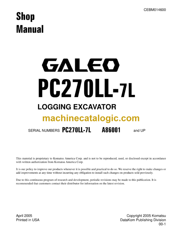 Komatsu PC270LL-7L Galeo Hydraulic Excavator Shop Manual (CEBM014600)