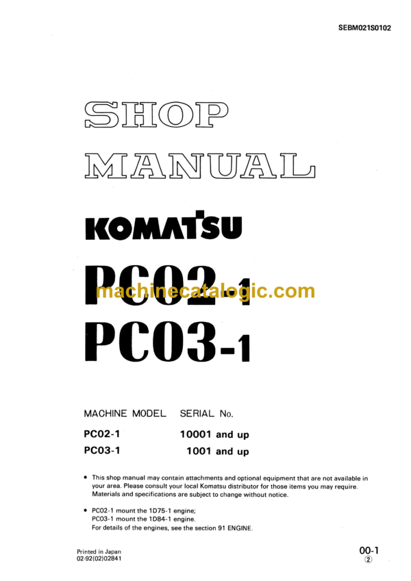 Komatsu PC02-1 PC03-1 Hydraulic Excavator Shop Manual (SEBM021S0102)