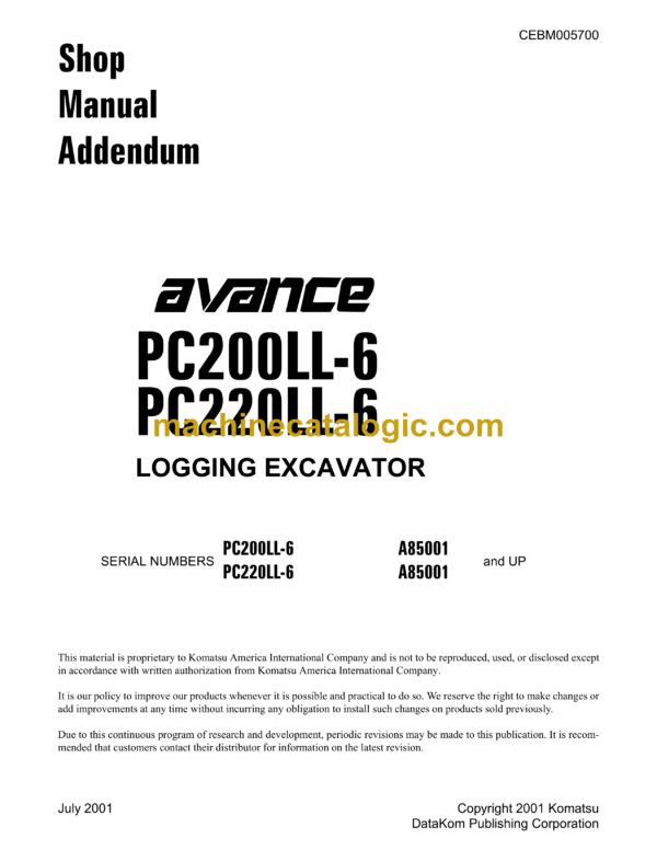 Komatsu PC200LL-6 PC220LL-6 Avance Hydraulic Excavator Shop Manual Addendum (CEBM005700)