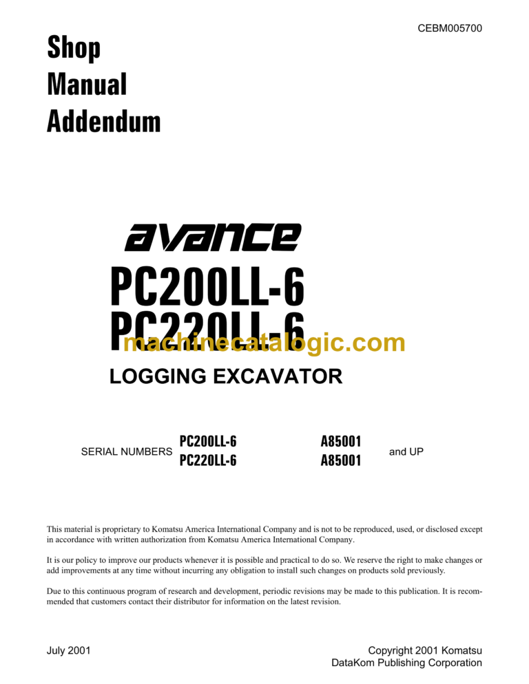 Komatsu PC200LL-6 PC220LL-6 Avance Hydraulic Excavator Shop Manual Addendum (CEBM005700)