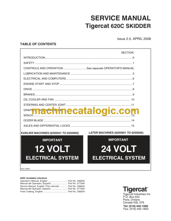 Tigercat 620C Skidder Service Manual (6200501 - 6205000) (23824A)