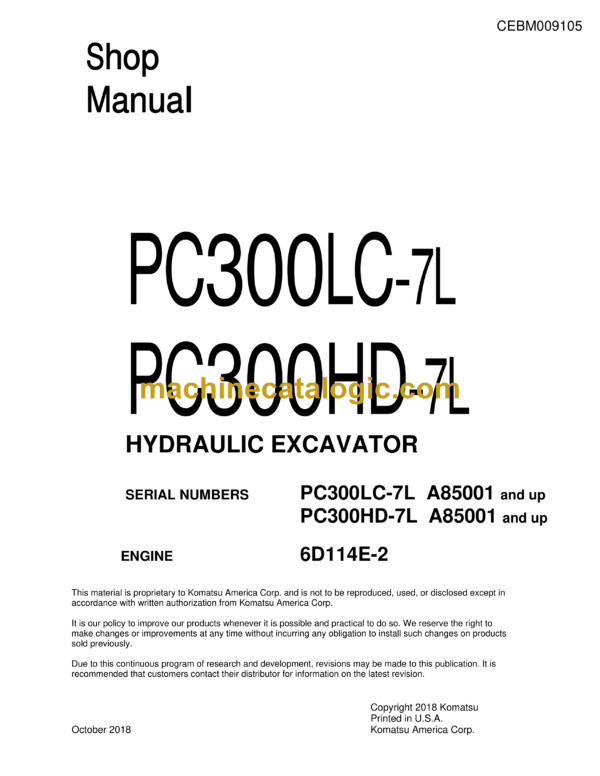 Komatsu PC300LC-7L PC300HD-7L Hydraulic Excavator Shop Manual (CEBM009105)