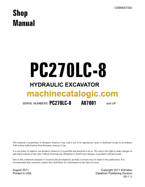 Komatsu PC270LC-8 Hydraulic Excavator Shop Manual (CEBM007202)