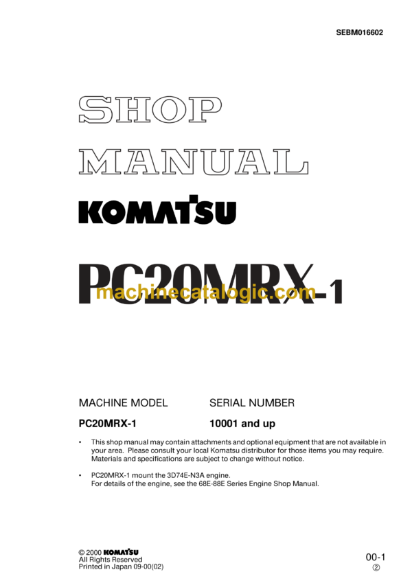 Komatsu PC20MRX-1 Hydraulic Excavator Shop Manual (SEBM016602)