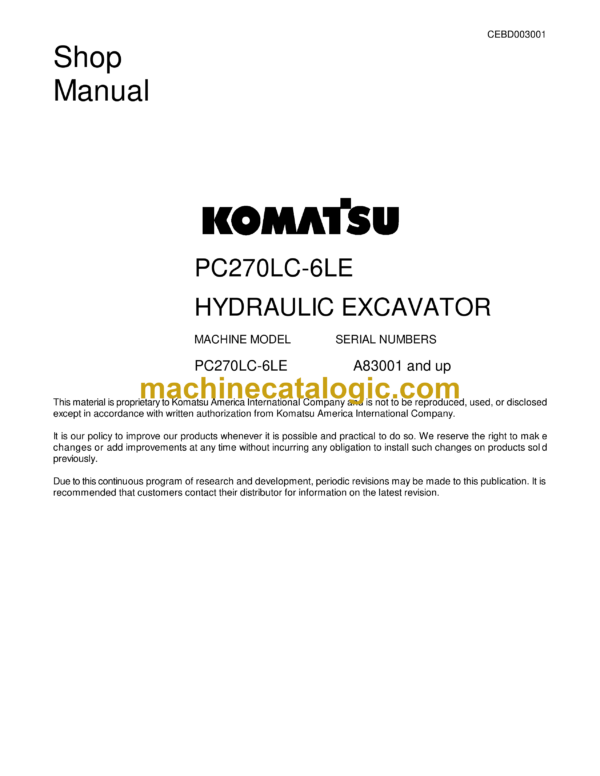 Komatsu PC270LC-6LE Hydraulic Excavator Shop Manual (CEBD003001)