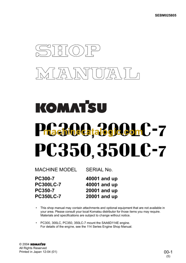 Komatsu PC300 PC300LC-7 PC350 PC350LC-7 Hydraulic Excavator Shop Manual (SEBM025805)