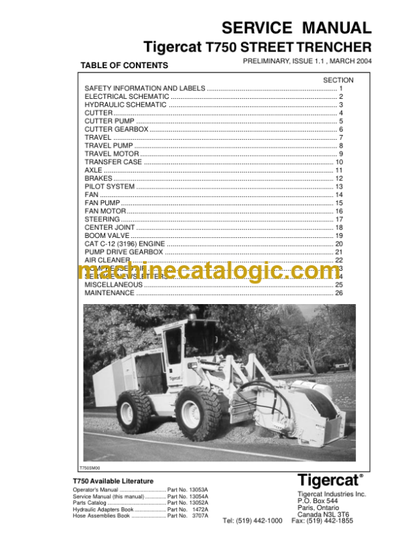 Tigercat T750 Trencher Service Manual (750T0101 - 750T0300) (13054A)