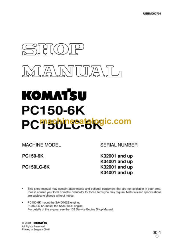 Komatsu PC150-6K PC150LC-6K Hydraulic Excavator Shop Manual (UEBM000701)