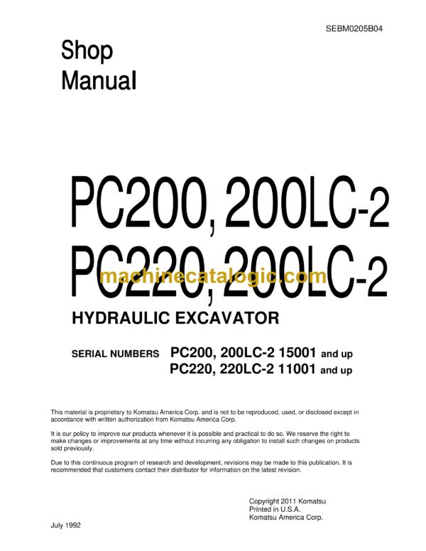 Komatsu PC200, PC200LC-2 PC220, PC200LC-2 Hydraulic Excavator Shop Manual (SEBM0205B04)