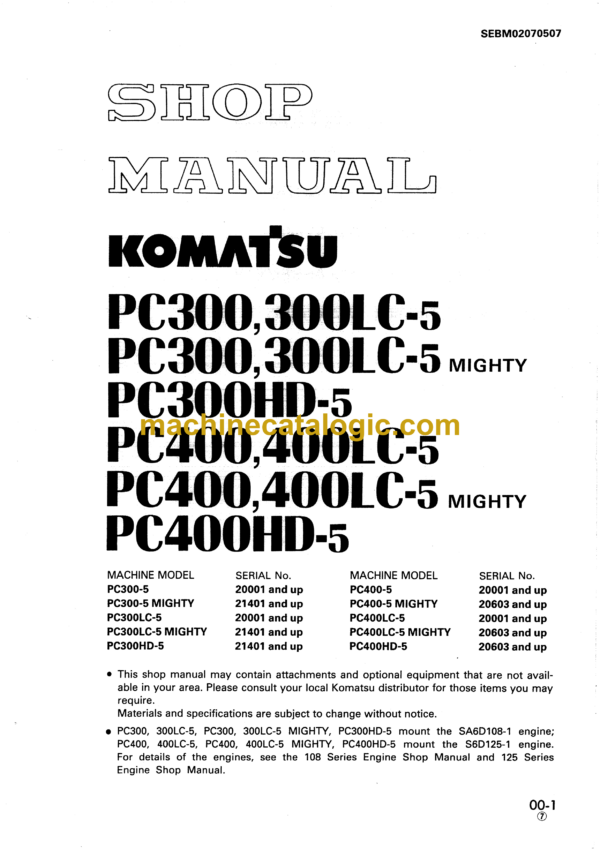 Komatsu PC300 PC300LC-5 Mighty PC300HD-5 PC400 PC400LC-5 Mighty PC400HD-5 Hydraulic Excavator Shop Manual (SEBM02070507)