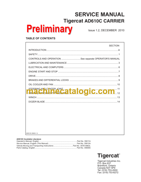 Tigercat AD610C Utility Vehicle Service Manual (6109001 - 6109250) (35612A)