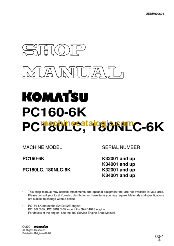 Komatsu PC160-6K PC180LC, PC180NLC-6K Hydraulic Excavator Shop Manual (UEBM000601)