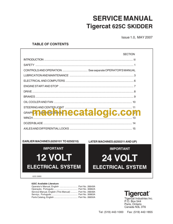 Tigercat 625C Skidder Service Manual (6250101 - 6250300) (26648A)