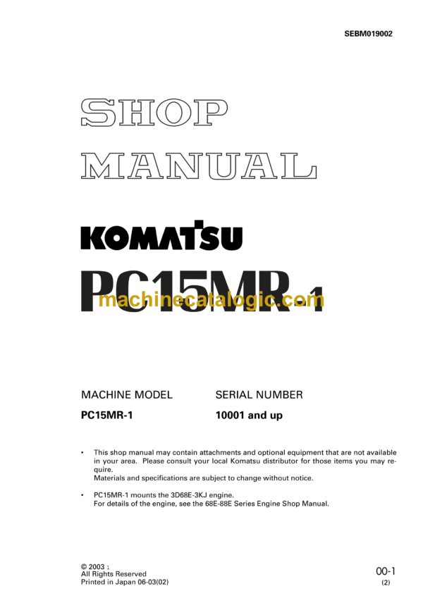 Komatsu PC15MR-1 Hydraulic Excavator Shop Manual (SEBM019002)