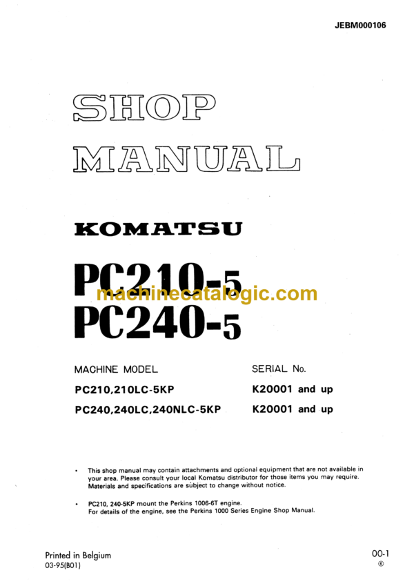 Komatsu PC210-5 PC240-5 Hydraulic Excavator Shop Manual (JEBM000106)