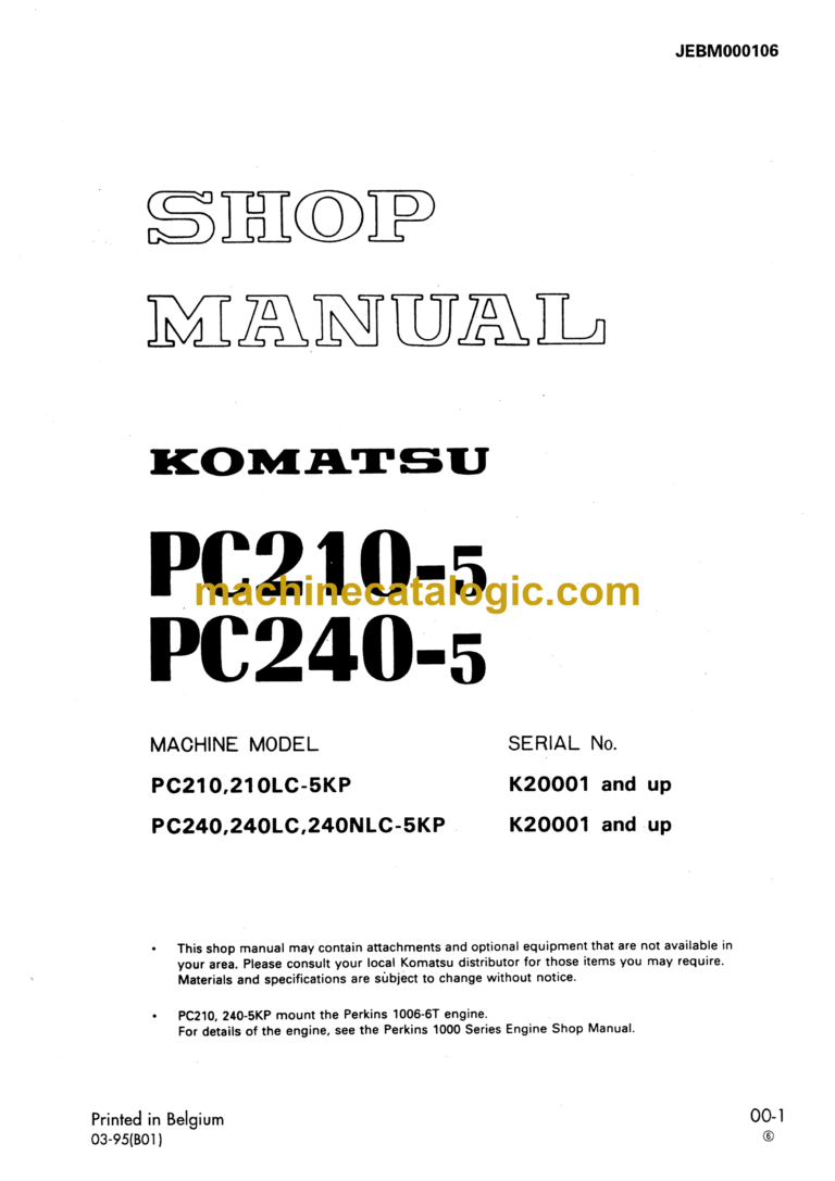 Komatsu PC210-5 PC240-5 Hydraulic Excavator Shop Manual (JEBM000106)