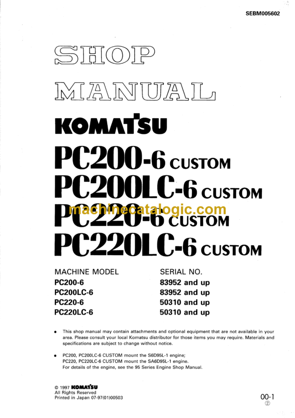 Komatsu PC200-6 PC200LC-6 PC220-6 PC220LC-6 Custom Hydraulic Excavator Shop Manual (SEBM005602)