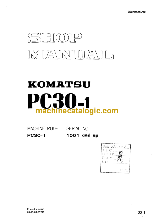 Komatsu PC30-1 Hydraulic Excavator Shop Manual (SEBM020SA01)