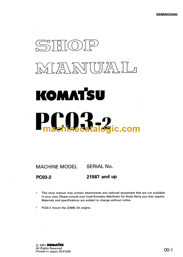 Komatsu PC03-2 Hydraulic Excavator Shop Manual (SEBM025000)