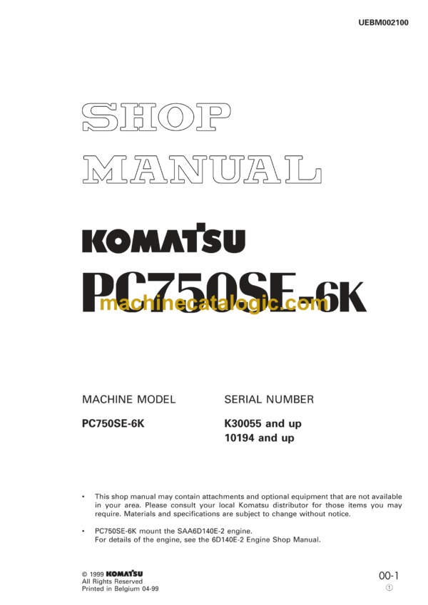 Komatsu PC750SE-6K Hydraulic Excavator Shop Manual (UEBM002100)