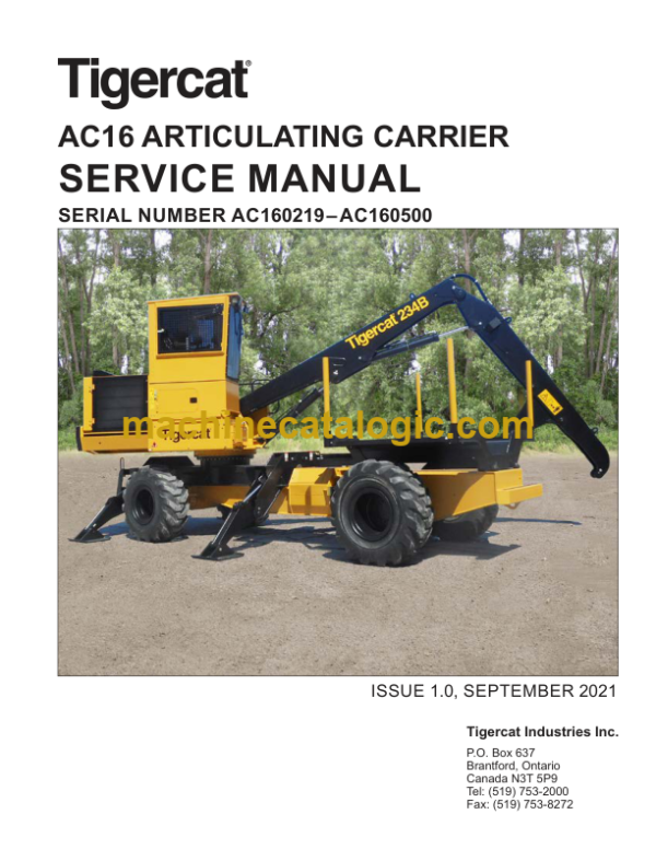 Tigercat AC16 Articulating Carrier Service Manual (AC160219–AC160500) (57259AENG)