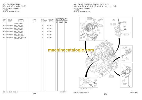 Hitachi 170W-5B, 190W-5B, 220W-5B Series ISUZU 4HK1-XZSA04 Wheeled Excavator Engine Parts Catalog