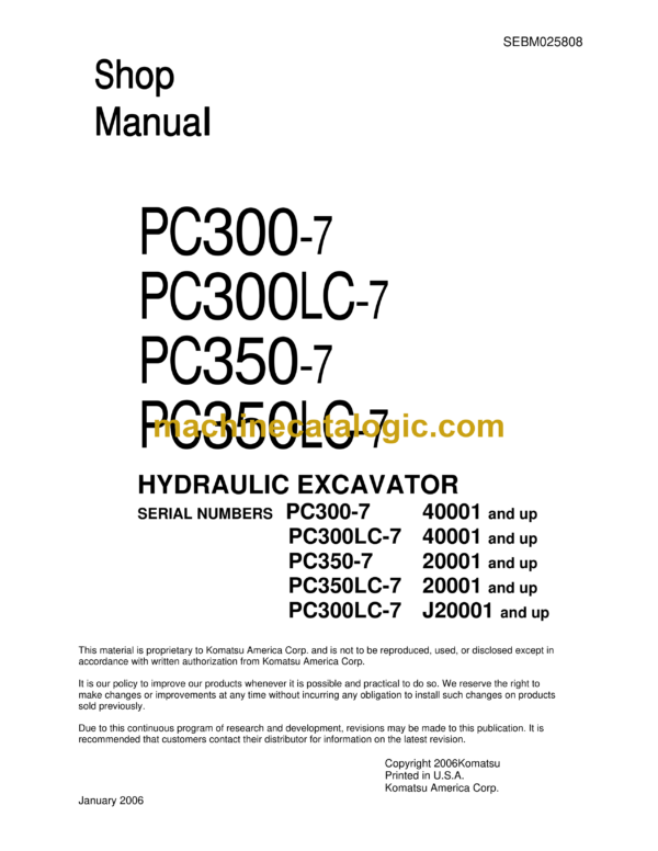 Komatsu PC300-7 PC300LC-7 PC350-7 PC350LC-7 Hydraulic Excavator Shop Manual (SEBM025808)