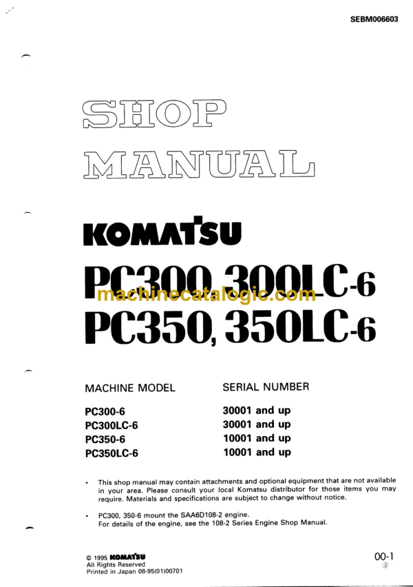 Komatsu PC300 PC300LC-6 PC350 PC350LC-6 Hydraulic Excavator Shop Manual (SEBM006603)