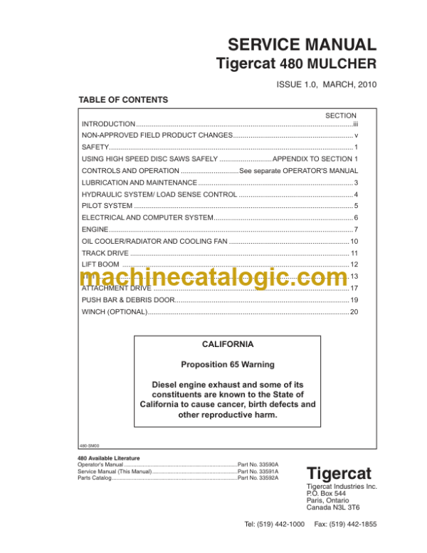 Tigercat 480 Mulcher Service Manual (4800101 - 4801000) (33591A)