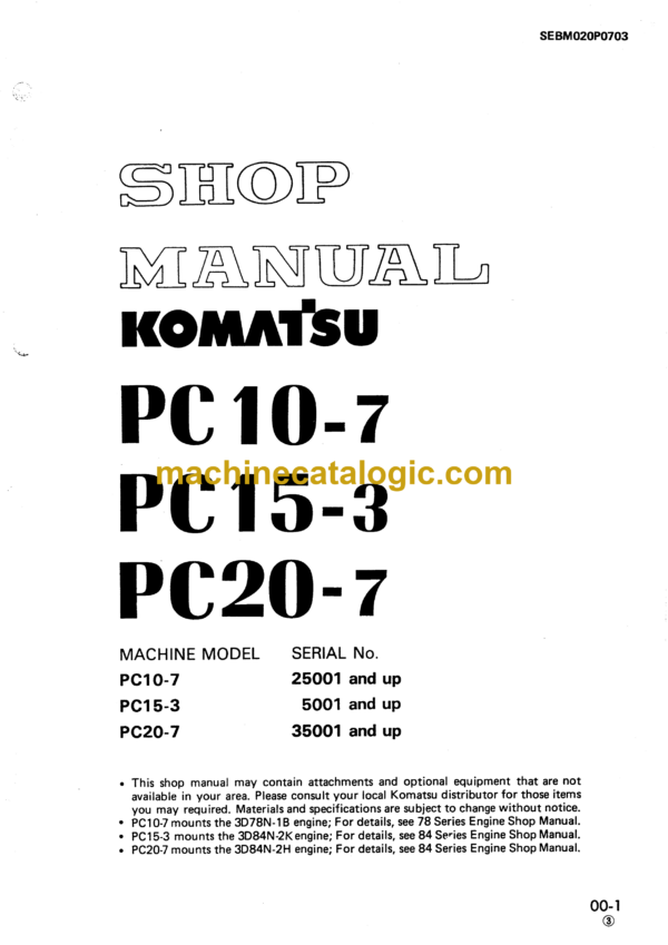 Komatsu PC10-7 PC15-3 PC20-7 Hydraulic Excavator Shop Manual (SEBM020P0703)