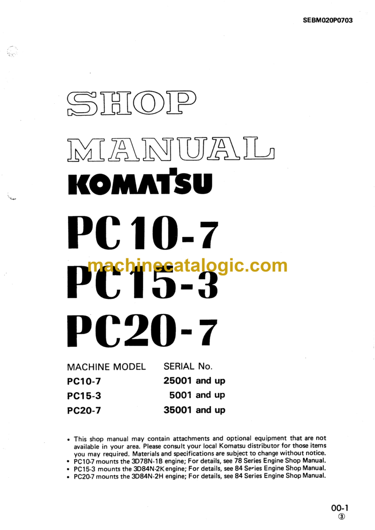 Komatsu PC10-7 PC15-3 PC20-7 Hydraulic Excavator Shop Manual (SEBM020P0703)