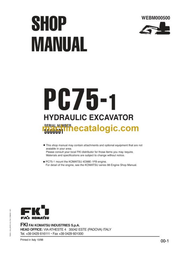 Komatsu PC75-1 Hydraulic Excavator Shop Manual (WEBM000501)