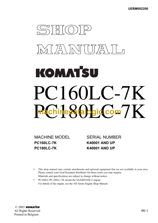 Komatsu PC160LC-7K PC180LC-7K Hydraulic Excavator Shop Manual (UEBM002200)