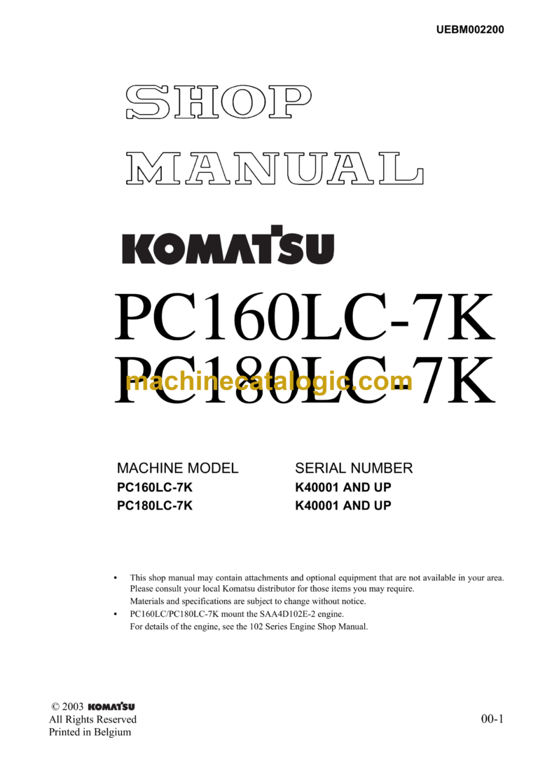 Komatsu PC160LC-7K PC180LC-7K Hydraulic Excavator Shop Manual (UEBM002200)