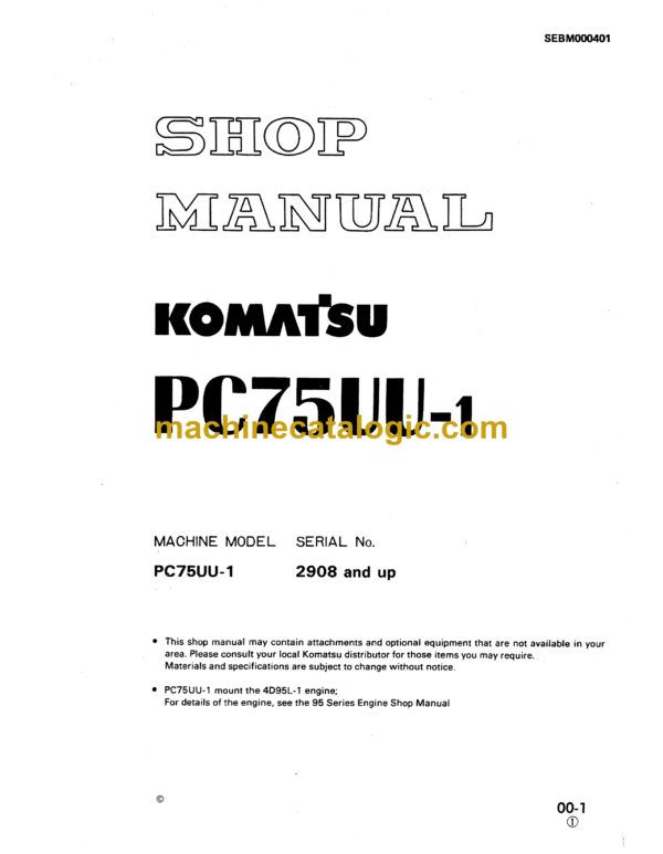 Komatsu PC75UU-1 Hydraulic Excavator Shop Manual (SEBM000401)