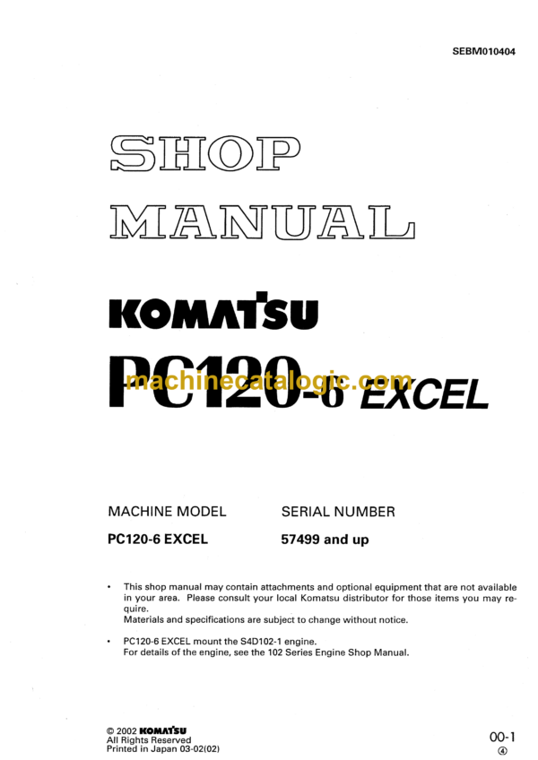 Komatsu PC120-6 Excel Hydraulic Excavator Shop Manual (SEBM010404)