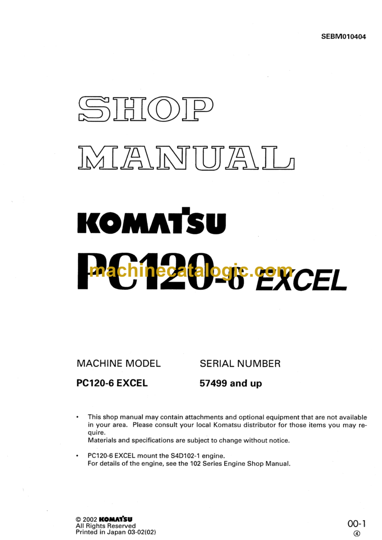 Komatsu PC120-6 Excel Hydraulic Excavator Shop Manual (SEBM010404)