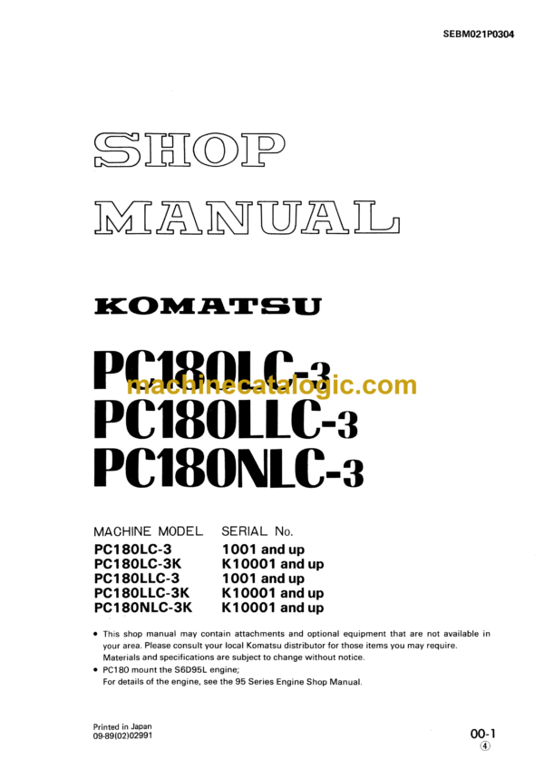 Komatsu PC180LC-3 PC180LLC-3 PC180NLC-3 Hydraulic Excavator Shop Manual (SEBM021P0304)