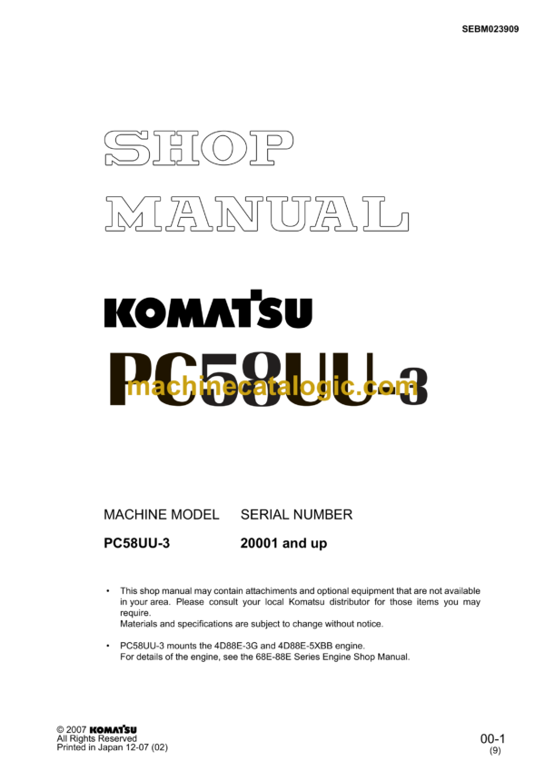 Komatsu PC58UU-3 Hydraulic Excavator Shop Manual (SEBM023909)