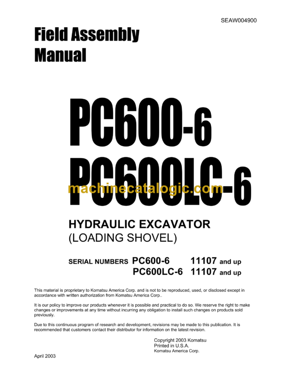 Komatsu PC600-6 PC600LC-6 Field Assembly Manual (SEAW004900)