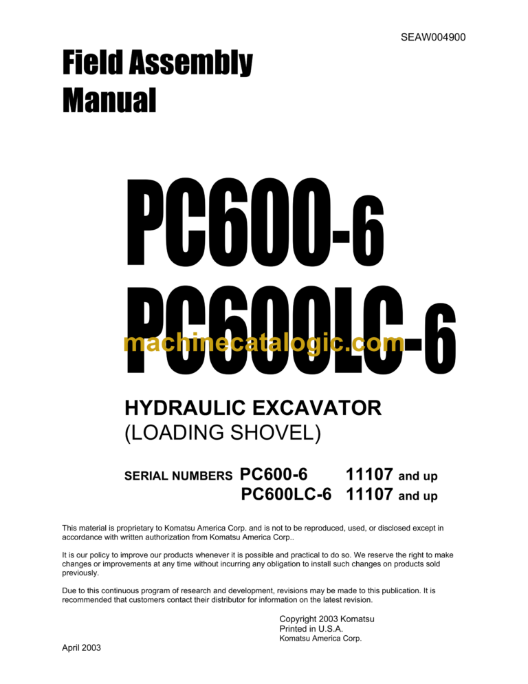 Komatsu PC600-6 PC600LC-6 Field Assembly Manual (SEAW004900)
