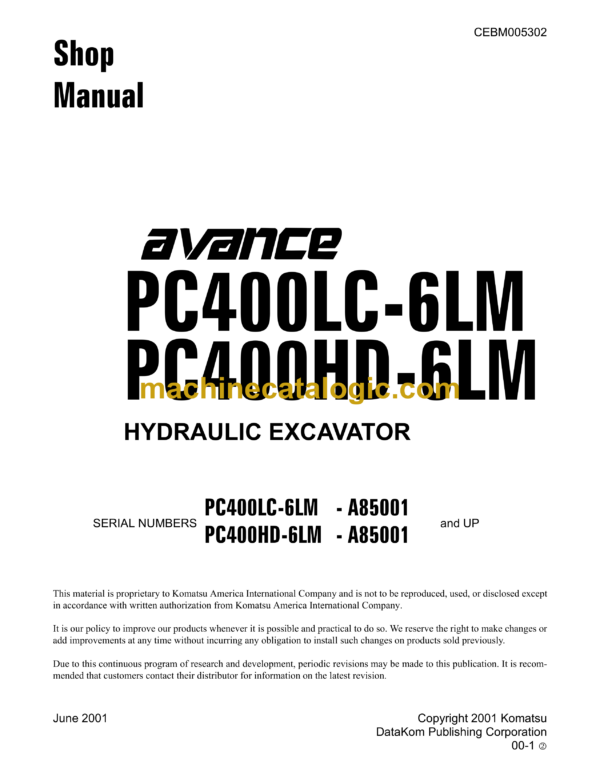 Komatsu PC400LC-6LM PC400HD-6LM Avance Hydraulic Excavator Shop Manual (CEBM005302)