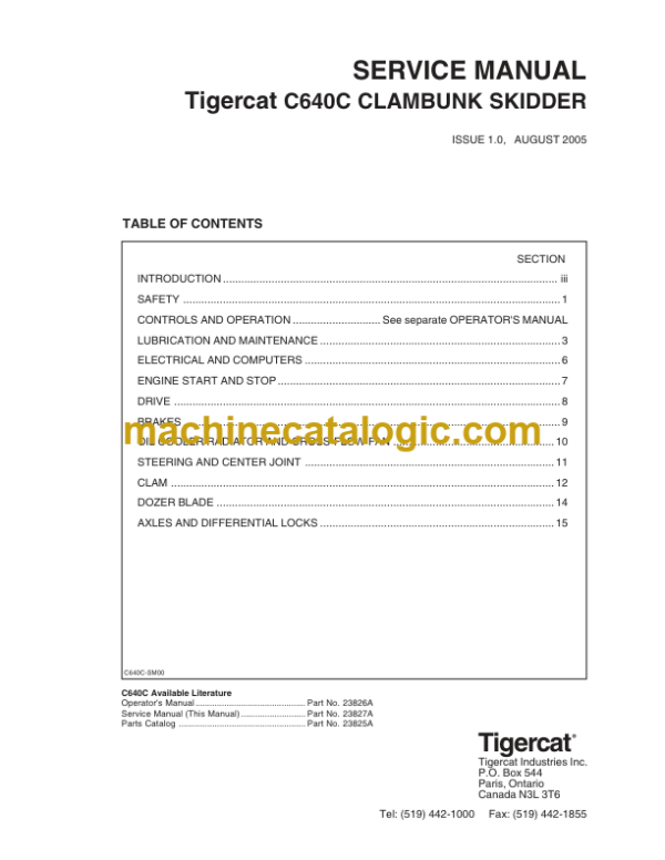 Tigercat C640C Clambunk Skidder Service Manual (6401601 - 6401999) (23827A)