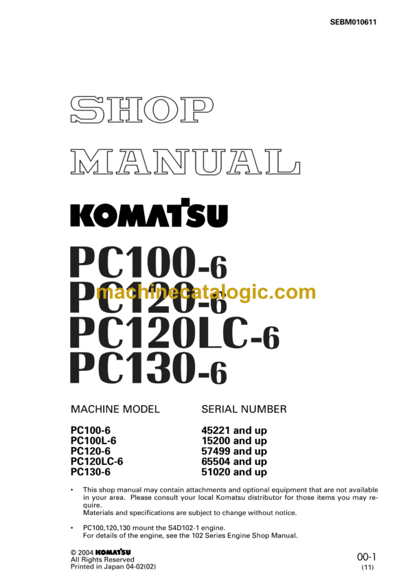 Komatsu PC100-6 PC120-6 PC120LC-6 PC130-6 Hydraulic Excavator Shop Manual (SEBM010611)