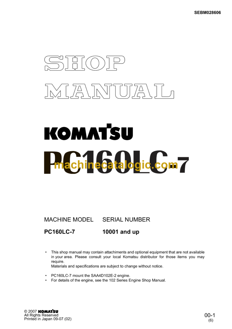 Komatsu PC160LC-7 Hydraulic Excavator Shop Manual (SEBM028606)