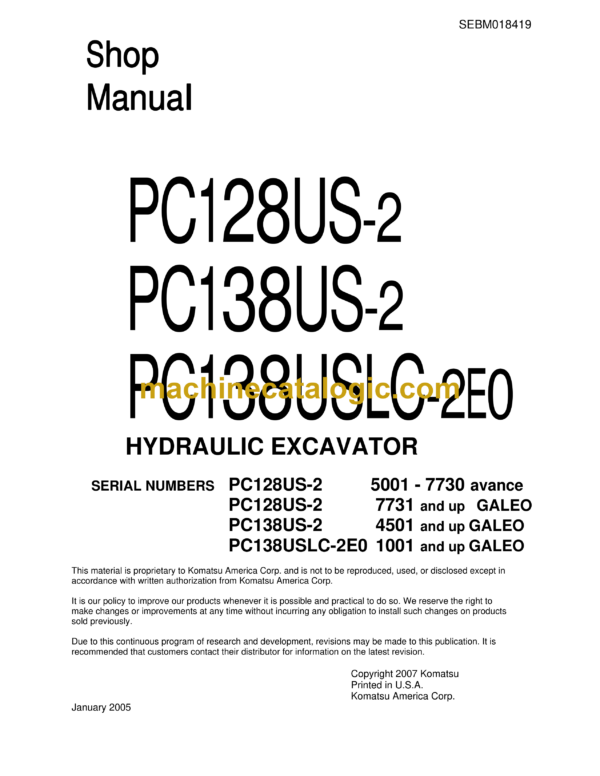 Komatsu PC128US-2 PC138US-2 PC138USLC-2E0 Hydraulic Excavator Shop Manual (SEBM018419)